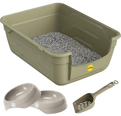 CAT CENTRE Grey Large Open Cat Litter Tray + 2x 0.35L Bowls + Scoop Set | High sided deep litter pan, lowered entry step 11.5cm, easy cleaning, adult cats & kittens