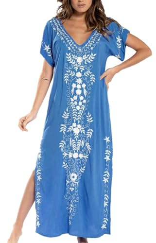 LikeJump Women's Summer Chiffon Embroidery Beach Dress Maxi Kaftan Long Pareos Cover Up Robes