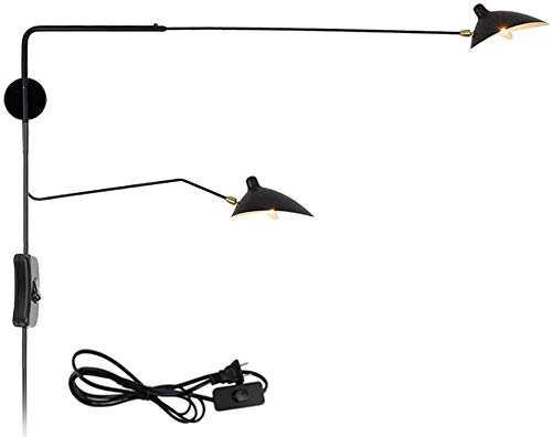 Retro Lampada a Parete/Muro Industriale Ferro applique da interni Regolabile Lungo Braccio oscillante luci da muro riflettore Retro Attico imbuto paralume candeliere E27, Black 150 * 95cm