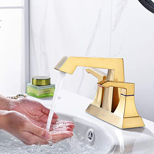 AMAZING FORCE Waschbeckenarmatur mit 2 Griffen, Badezimmer-Wasserhahn mit Pop-Up-Ablaufsieb und 2 kostenlosen Schläuchen, Edelstahl-Spültisch-Wasserhahn, goldfarben