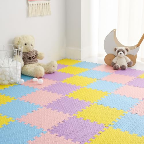 Tamiplay Foam Play Mat for Baby, EVA Non-Toxic Interlocking Floor Mats, Solid Colored Foam Puzzled Floor Mats, Baby Play Mat Exercise Mats, 16 Tiles(Pink/Purple/Yellow/Light Blue)