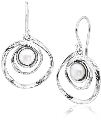 Jean Rachel Jewelry 925 Sterling Silver Free-Form Drop Earrings with Freshwater Pearl, Antique Finish, Hypoallergenic, Nickel- & Lead-Free Handmade Statement