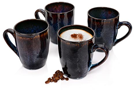Sänger Kaffeetassen Set Tokio 4 tlg, Kaffeebecher Set 4 Personen | Steingut Tasse Spülmaschinenfest, Tassen Set Handmade, Mug Set Blau-Schwarz mit Braunen Akzenten 300 ml