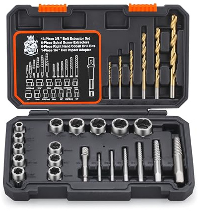 REXBETI 26-Piece Bolt Extractor Screw Extractor Set and Cobalt Drill Bit Set, Case with 13-Piece Bolt Extractor, 6-Piece HSS Drill Bit, 6-Piece Spiral Screw Extractor and 1-Piece Socket Adapter