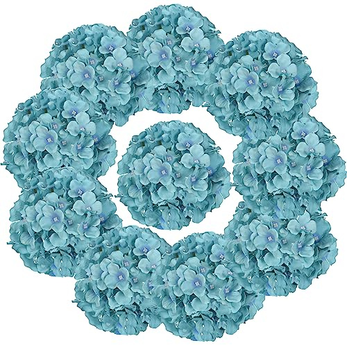 LUSHIDI Lot de 10 fleurs d'hortensia artificielles en soie plante artificielle avec tiges pour mariage, maison, fête, magasin, fête prénatale, bleu turquoise