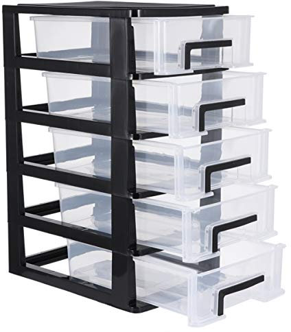 SAFIGLE Mini Scatola in Plastica Nera a 5 Strati - Piccola Cassettiera Trasparente per Scrivania, Ideale per Organizzare e Stoccare Oggetti Vari, Adatta per Uso Scolastico e Home Office,