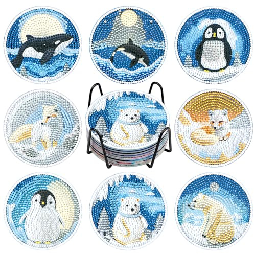 NAIMOER 8 Stück Tiere Diamond Painting Untersetzer mit Halter, DIY Winter Untersetzer, Kaffee Diamant Painting Tassenuntersetzer für Erwachsene Kinder, Getränke Untersetzers