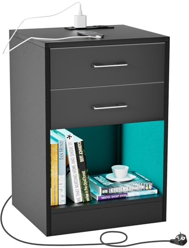 Nachttisch mit led,Nachttisch mit Beleuchtung Nachttisch Schwarz Nachttisch mit Ladestation 2 USB-Anschlüsse,offenes Fach Beistelltisch mit Ladestation,1 Aufbewahrungsschublade (schwarz)
