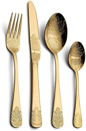 Tafelbesteck, Vintage-Muster, Silberbesteck, 24-teilig, Vergoldetes Besteck Aus 18/10-Edelstahl, Besteckset Für 6 Personen, Wiederverwendbares Tafelservice,24 Stück Golden,Picturesque234