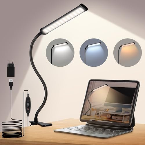 VIIVUU Lampe à Pince LED,Lampe de Lecture Chevet Pince[3 Modes d'éclairage&10 Niveaux de Luminosité] avec Clipsable, Adaptateur USB,40CM Flexible à 360° pour Lit, Liseuse,Maison,Bureau
