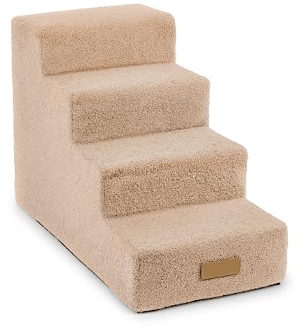 Petsen Sofatreppe für Hunde und Katzen – Hundetreppe für Bett & Sofa – 3- oder 4-stufig, rutschfest & waschbar – mit Hundename (Boucle beige, 4-stufige)
