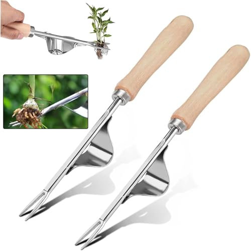 WAYBWZDQ 2 Stück Unkrautstecher Edelstahl, Manueller Weeder mit Holzgriff, Hand Weeder Werkzeug, Unkrautjäter Werkzeug, Wurzeljäter, Gartenarbeit Gabel, Hand Unkrautstecher Jäter für Gärtner