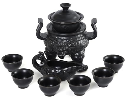 fanquare Juego de Té Semiautomático Taza de Té Tetera Trípode Kungfu Perezosa China Negra 9 Piezas Servicio de Té de Porcelana para Adultos Hombres Regalo