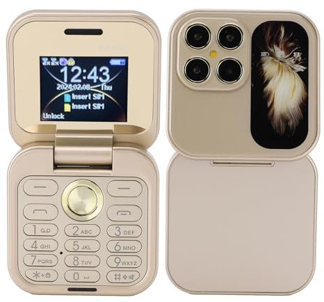 Bewinner El Teléfono Celular Más Pequeño con Tapa: Nano SIM Dual, Radio FM, Reproductor Multimedia 2G, Linterna LED, Cámara Trasera HD, Cordón para Personas Mayores (Gold)