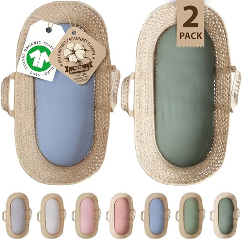 Bunnyjik 28x74-30x70 Ovale Spannbettlaken – GOTS-ZERTIFIZIERTES Bio Set aus 2 – 100% Baumwolle, Luftig & Kühlend – 190GSM Bio-Baumwolle – Stubenwagen Bezug, Moseskorb, Babybett, Beistellbett