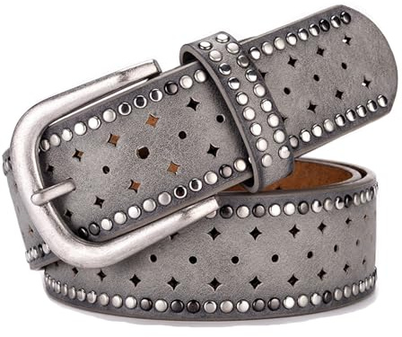 Jalach Damen Nieten Gürtel mit Stern Loch, breiter Ledergürtel, kürzbar Jeansgürtel, Leder Nietengürtel Glitzergürtel