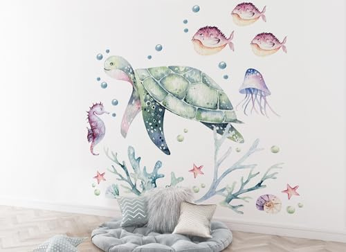 Osomhome |Wandtattoo Kinderzimmer Wandsticker | Wanddeko Babyzimmer | Schlafzimmer Junge Mädchen Selbstklebend | Schildkröte, Ozean, Korallenriff (Turtle, XL)