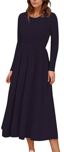 Midikleid Damen Langarm Elegant A Linie Kleider Damen Lang Plissee Schwingen Herbstkleid Damen Midi Rundhals Kleid Frauen Oben Eng Unten Locker Damenkleider Einfarbig Freizeit Pulloverkleid