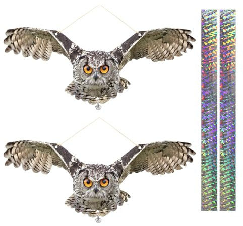 Lifreer 4PCS Bird Scare Hawk Fake Owl, Reflective Owl Hanging Decoration, Dual-Side Printed Raster Fake Hawk Eagle to Keep Birds Away from Patio Garden Windows Porch Tree