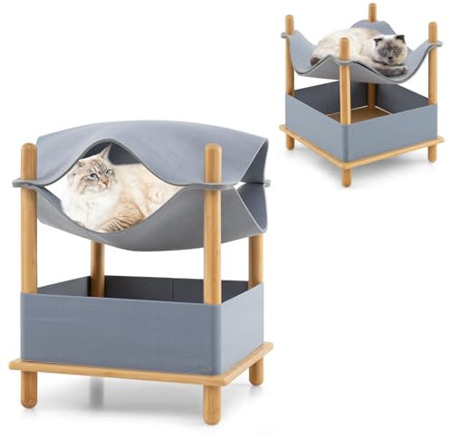 COSTWAY Katzenhaus 2 Etagen Bambus, erhöhtes Katzenbett mit Stauraum, Hängematte oder Katzenhöhle, Katzenmöbel Katzen Haustier Indoor, modern, 40 x 40 x 53 cm, Natur+Grau