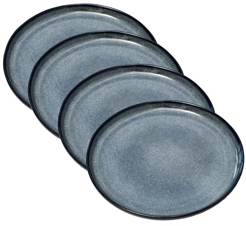 Darthome Blue Reactive Glaze Dinner Plates 26x26cm Set of 4 Stoneware Round Large Kitchen