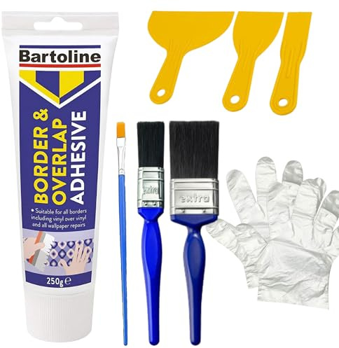 Bartoline Border & Overlap Adhesive Tube - 250g | Complete Wallpaper Border Application Kit with 1 & 2 Paintbrushes, Detail Brush, 3pc Putty Knife Set & Gloves