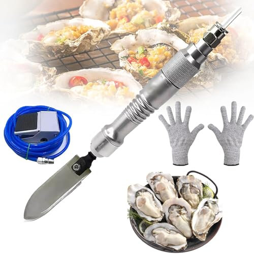 Pneumatic Oyster Shucker - Stainless Steel Shellfish Opener with 2 Pairs of Gloves, 1000BPM Frequency & 16mm Stroke, Air Scaler Oyster Knife for Seafood, Hotels, Buffets & Home