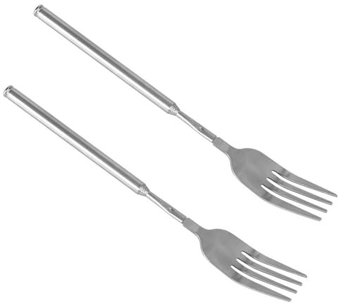 Tenedor extensible, 8.7-25 pulgadas, 2 cucharas retráctiles de acero inoxidable para suministros de barbacoa y vajilla, postre de frutas