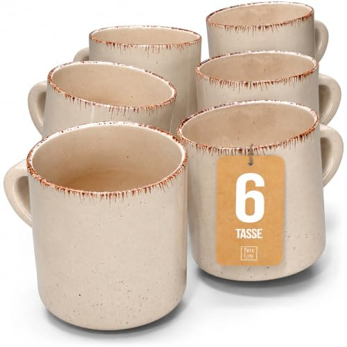 Steingut kleine Tassen 6 Pers. Rustic Hochwertiges Landhausstil TEST SEHR GUT Tassen Set, Spülmaschinen-, Mikrowellen- und Kratzfest - Stylisches Tee- und Kaffeebecher Set - Pure Living in Beige