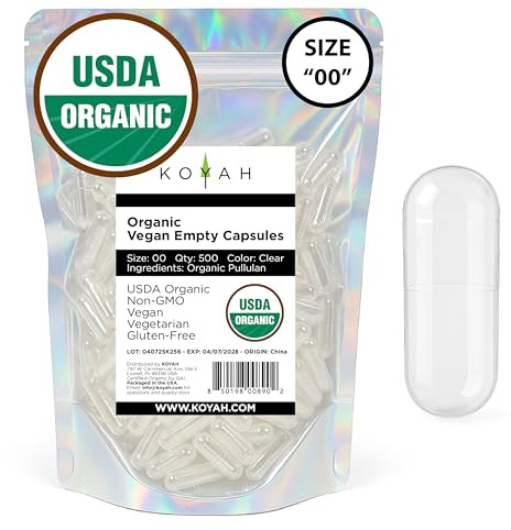 KOYAH - Certified Organic Empty Pullulan Capsules: Size 00, Vegan, Gluten-Free, Non-GMO, Allergen Free – Ideal for DIY Supplements (500 Count)