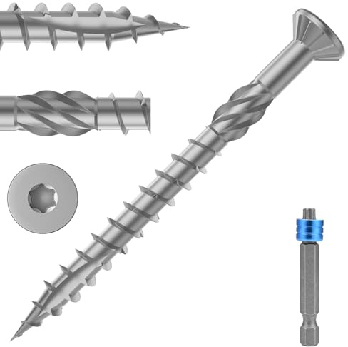 TCO Terassskruv rostfritt stål C1 5 x 60 mm, 500 stycken inklusive TX 25 magnetisk bit, dekorativt försänkt huvud, sågtandgängad slipning, skärspets, universella skruvar för terrassbrädor
