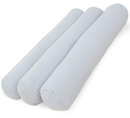 PinkZebra 3er Set Bett Kissenrollen 10 x 60 cm aus Musselin GOTS-Zertifizierung, Rollenkissen aus Baumwolle, Nackenrolle ÖkoTex, Bettrolle, Kissen Rund, Knierolle, H.Grau