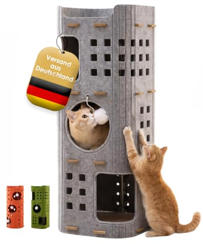 PawLis Original Kratztonne für Katzen – platzsparendes Katzenmöbel mit 4 Etagen & 3 Höhlen, ideal für mehrere Katzen, Moderne Kratzbaum Alternative aus Filz & Holz (90 cm)