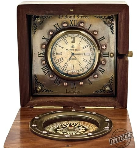 Vintage Nautical Wooden Box with Clock and Compass, Maritime Decor, London Style Roman Numeral Display, Steampunk Desk/Shelf Decor Gift for Men or Women
