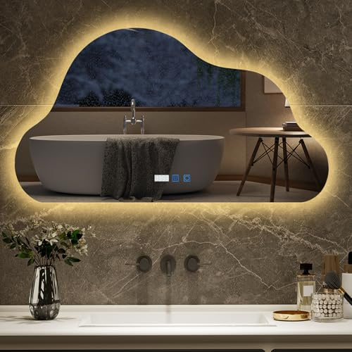 YU YUSING Miroir Asymétrique de Salle de Bain 90x50cm, Design Organique Nuage, Miroir Cosmétique Mural 3 Couleurs Réglables, Affichage L'heure, Anti-buée, Étanchéité IP44