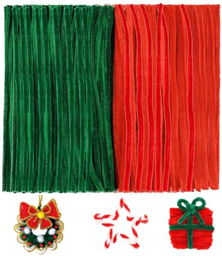 Limpiador de Pipas, Alambre de Chenilla, 200 Pcs Limpiapipas Flores, 30 cm, Tallos de Chenilla Navidad, Verde e Rojo, Palitos de Chenillas para DIY Decoraciones