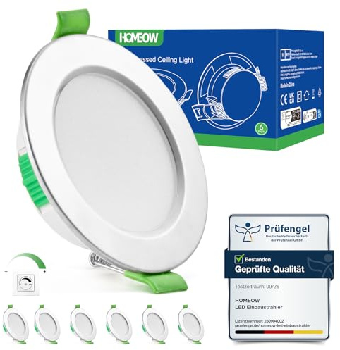 HOMEOW LED Einbaustrahler 230V Dimmbar, Led Spots 68mm - 80mm Lochmaß, IP44 Einbaustrahler LED 5W 400LM Warmweiß Neutralweiß Kaltweiß, 24mm Ultra Flach Deckenspots für Badezimmer Küche, Nickel 6er Set