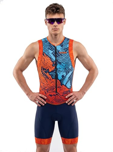 Wixen Men’s Triathlon Suit –Breathable & Padded Tri Suit for Swim, Bike & Run | Race Day Gear for Triathletes - Navy Dragon-L