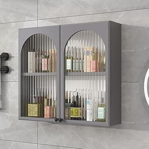 Väggmonterat medicinskåp med två dörrar - stilig förvaringsanordning för badrum med härdat glas, platsbesparande design för kök, tvättstuga och över toaletten gray 60×60×15cm（23.6×23.6×5.9）