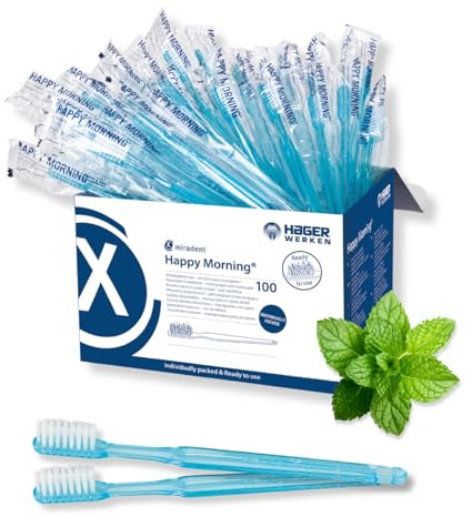 miradent Happy Morning® Einmalzahnbürste 100 St. |mit Zahnpasta Imprägniert | hygienisch einzeln verpackt | optimal für Kurzreisen und nach Mahlzeiten