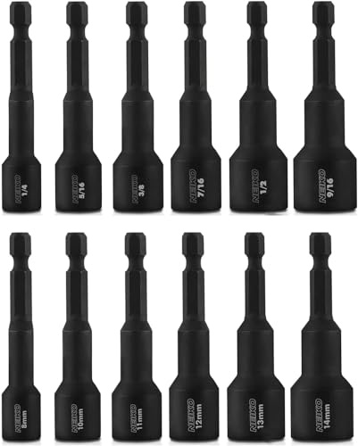 NEIKO 10250A - Juego de destornilladores de tuerca de impacto hexagonales magnéticos, juego de 12 brocas para taladro, acero Cr-V, tuercas hexagonales de cambio rápido de 1/4 pulgadas, juego de llaves