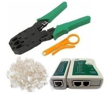 Set di attrezzi Ethernet (Cable Tester + Pinza crimpatrice + RJ45 CAT5 Cat5e e plastica Crimp maschio 200 pezzi) 100 RJ45 CAT5 Cat5e Ethernet Connector Plug + 100 schermati RJ45 8P8C STP Ethernet