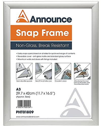 Announce A3 Snap Frame (25mm anodised Aluminium Frame, Wall fixings Included) PHT01809