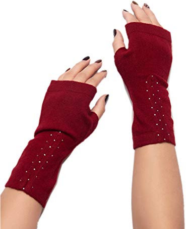 Prettystern Damen Strass-steine 100% Kaschmir Cashmere Pulswärmer Fingerlos Hand-stulpen Burgund-rot