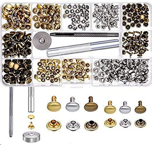 LAKII Svendita！180 Set 2 Formati Rivetti di Pelle Doppio Tappo Tubolare Rivettato Viti in Metallo con 3 Pezzi Strumento di Fissaggio per Fai Da Te Artigianato in Pelle, 3 Colori (Oro, Argen，Bronzo）