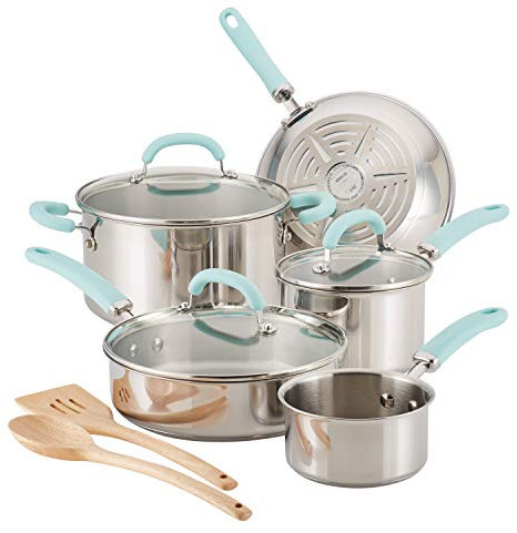 Rachael Ray 70412 Create Delicious Cookware Pots and Pans Set, Stainless Steel with Light Blue Handles