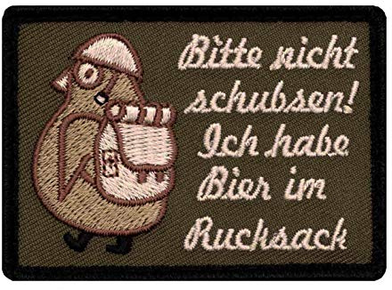 Café Viereck ® Bitte Nicht Schubsen Ich Habe Bier im Rucksack - Fun Patch mit Klett Pinguin mit Helm und Stiefeln - 7 cm x 5 cm