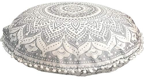 Stylo Culture Ethnic Bohemian Floor Cushion For Kids Throw Pillow Cover Silver 80x80 cm Meditation Mandala Large Pom Pom Lace Round Large 32 Inch Lounge Cotton Floral Seating Pouffe Cover