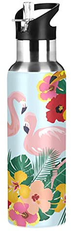Mnsruu Bouteille d'eau isotherme en acier inoxydable avec paille Motif palmier tropical et flamant rose 590 ml