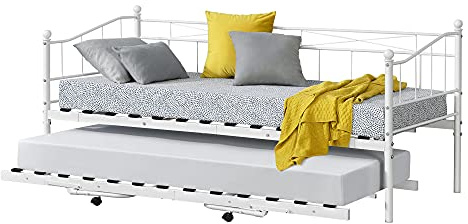 [en.casa] Metall Tagesbett Skutskär 90x200cm Bettsofa mit ausziehbarer Liege Schlafsofa Kojenbett Weiß